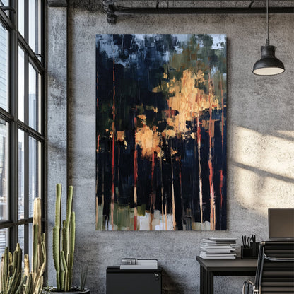 abstract forest painting with tall trees and golden light breaking through dark shadows