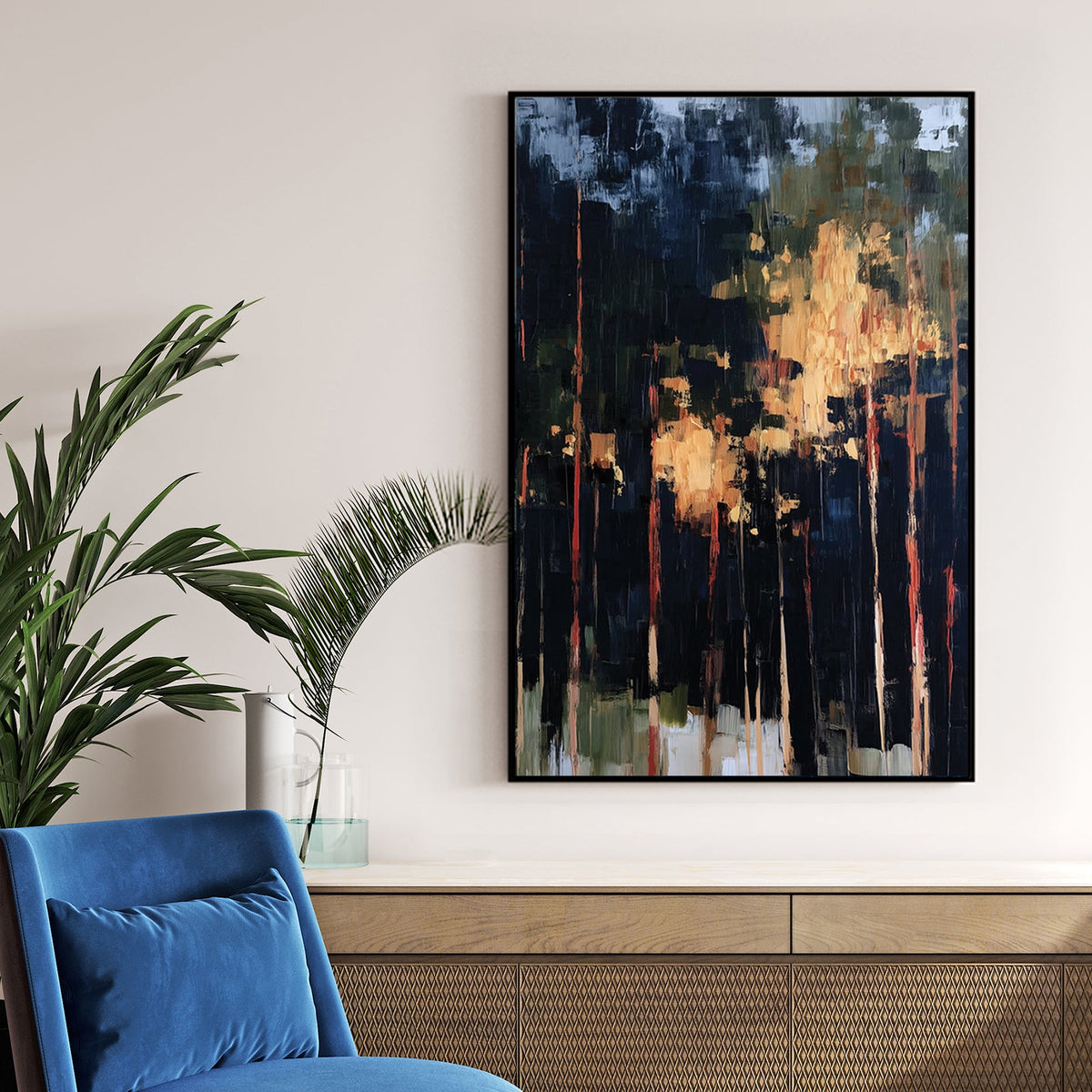 abstract forest painting with tall trees and golden light breaking through dark shadows