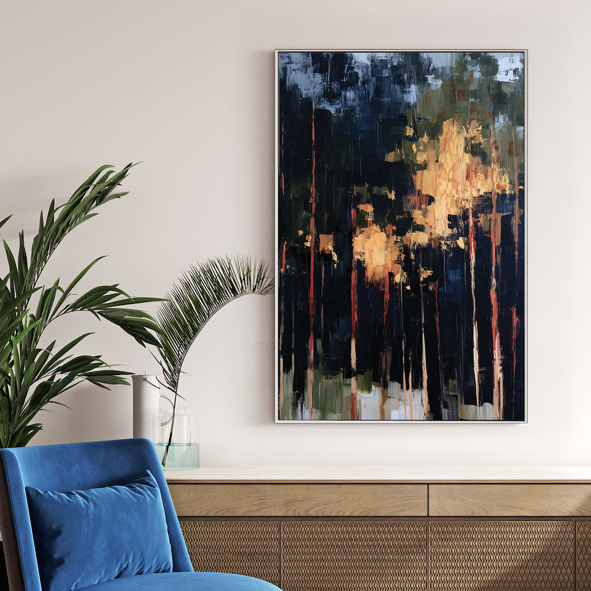 abstract forest painting with tall trees and golden light breaking through dark shadows