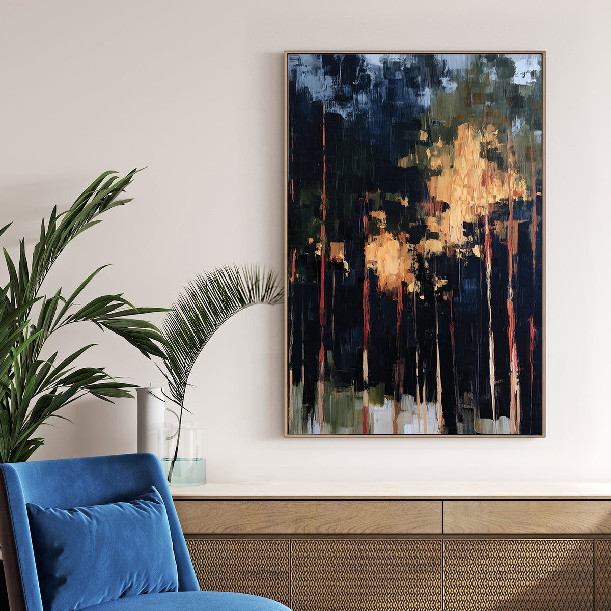 abstract forest painting with tall trees and golden light breaking through dark shadows