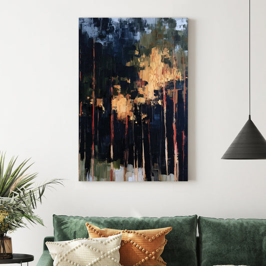 abstract forest painting with tall trees and golden light breaking through dark shadows