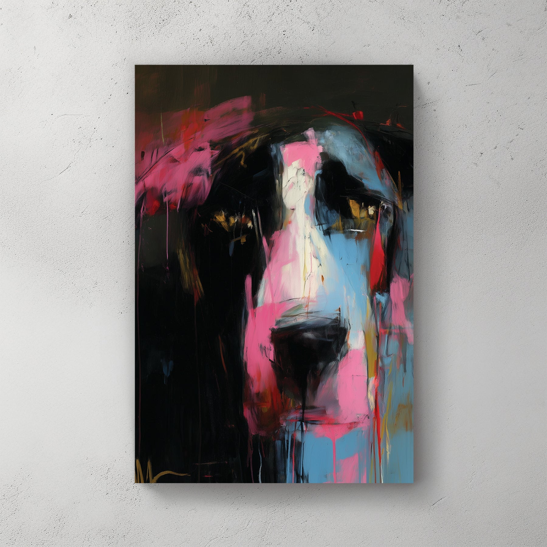 abstract portrait with pink, blue, and black brushstrokes forming an expressive animal-like face