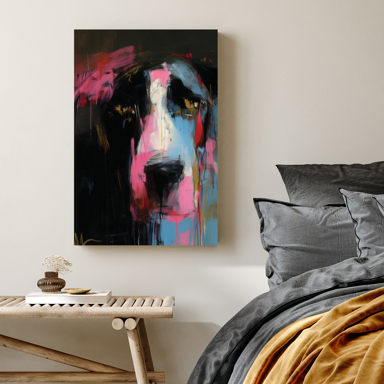 abstract portrait with pink, blue, and black brushstrokes forming an expressive animal-like face
