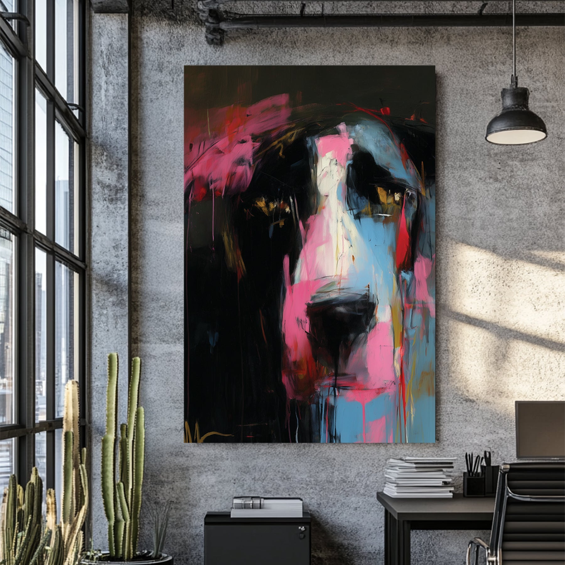 abstract portrait with pink, blue, and black brushstrokes forming an expressive animal-like face