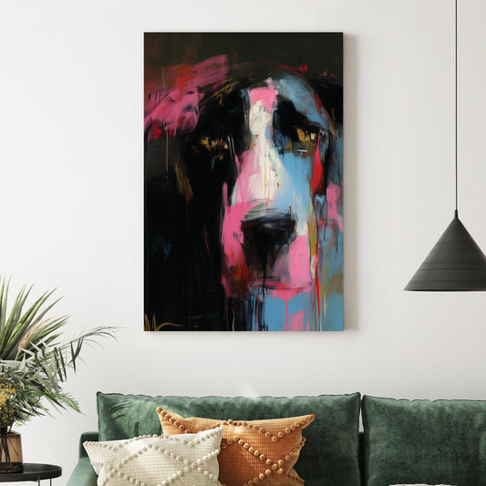 abstract portrait with pink, blue, and black brushstrokes forming an expressive animal-like face