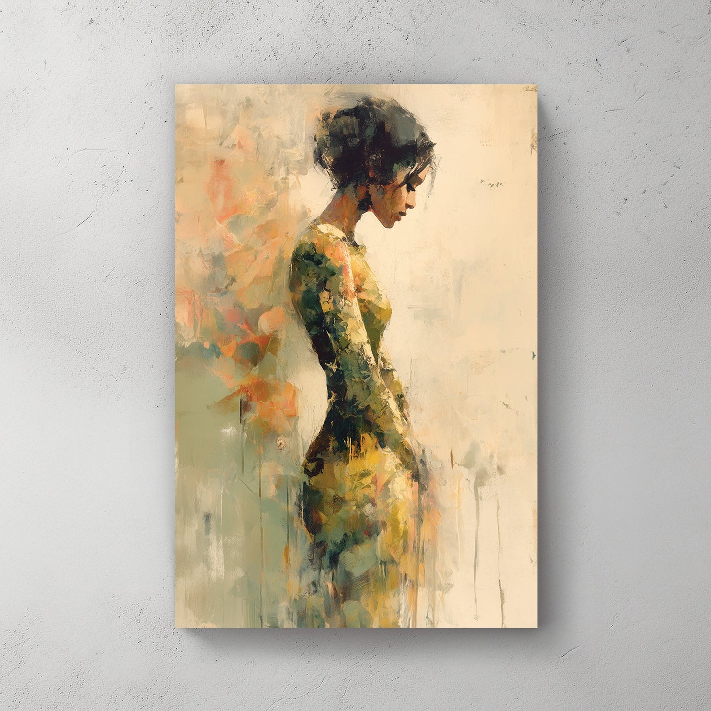 abstract painting of a woman in a textured green and gold dress against a neutral background