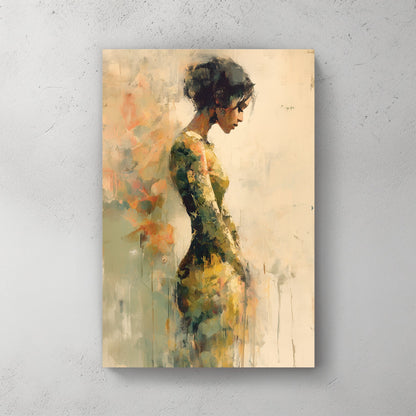 abstract painting of a woman in a textured green and gold dress against a neutral background