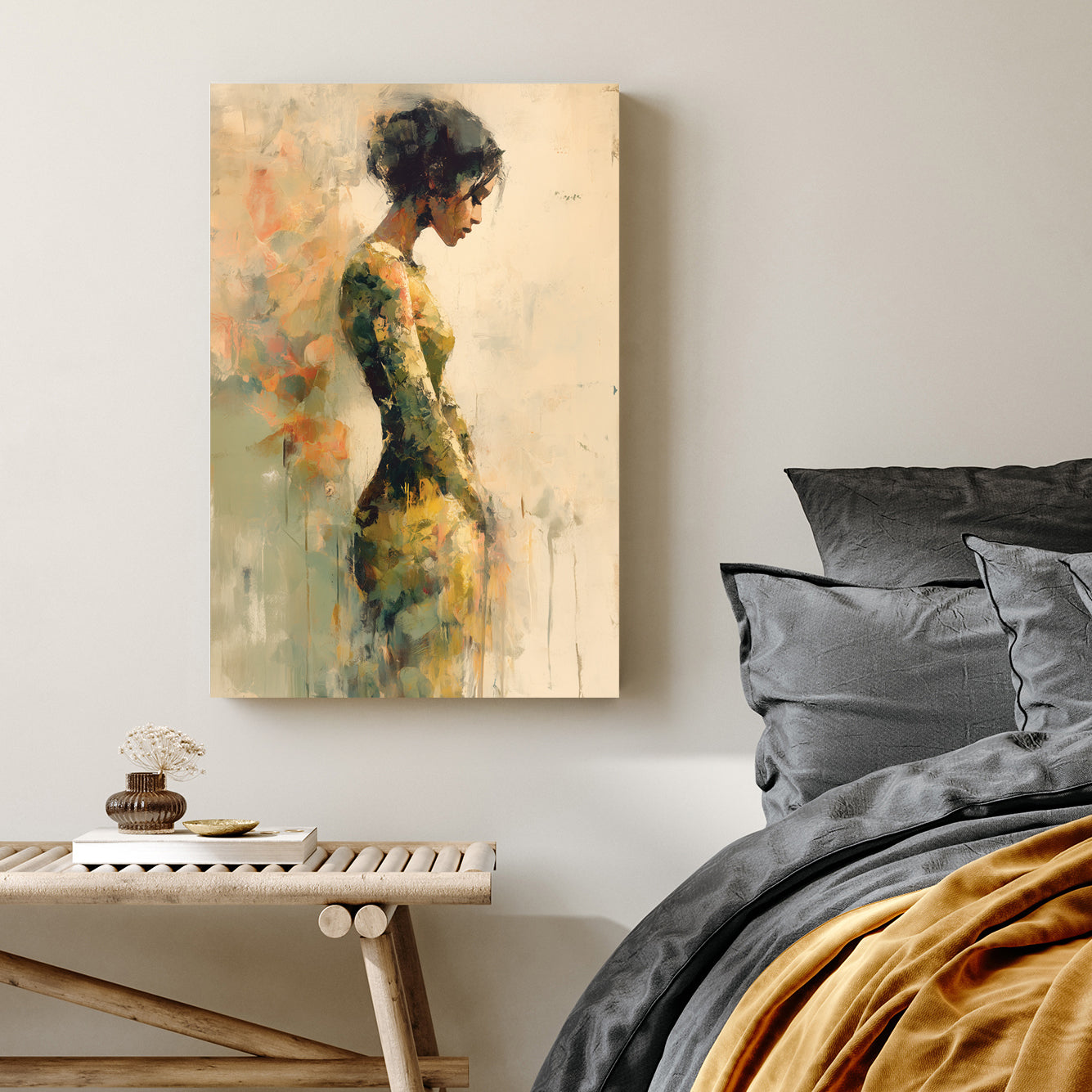 abstract painting of a woman in a textured green and gold dress against a neutral background