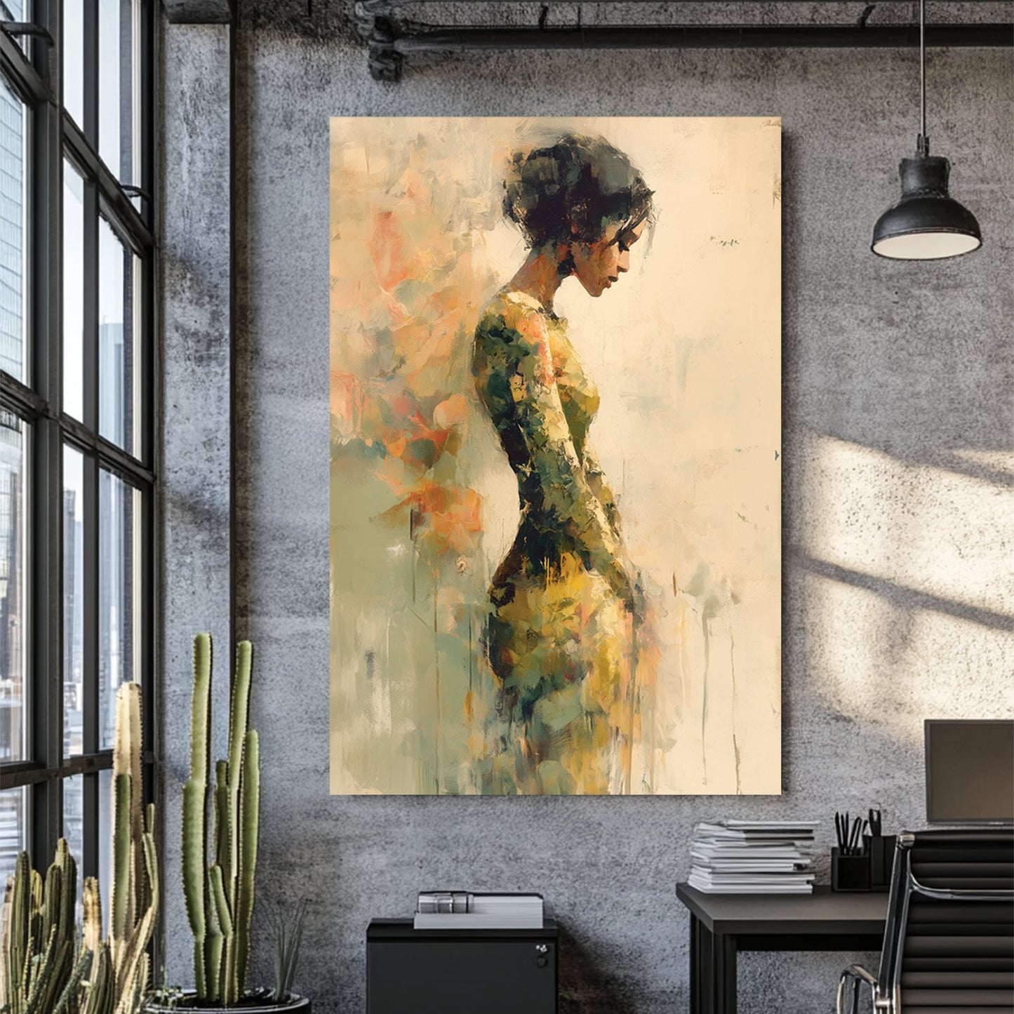 abstract painting of a woman in a textured green and gold dress against a neutral background