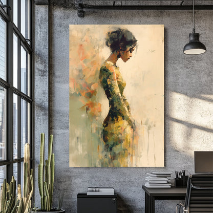 abstract painting of a woman in a textured green and gold dress against a neutral background