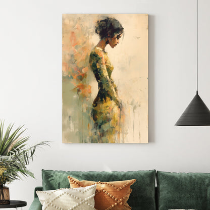 abstract painting of a woman in a textured green and gold dress against a neutral background