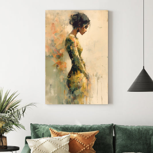 abstract painting of a woman in a textured green and gold dress against a neutral background