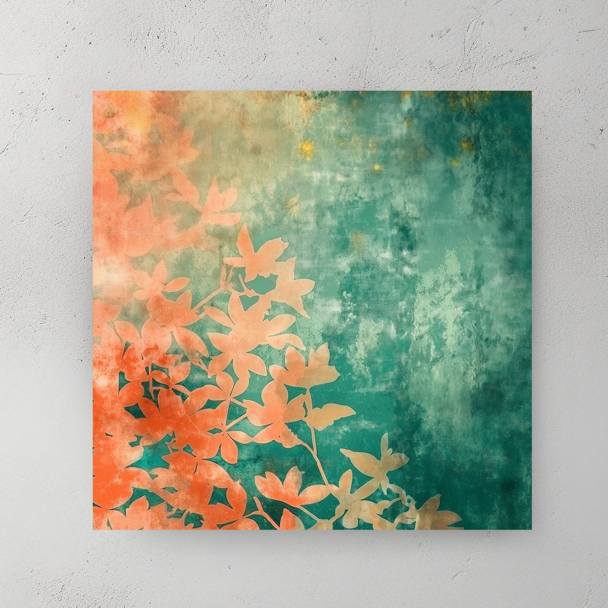 botanical abstract art with coral leaves on a textured teal and golden background