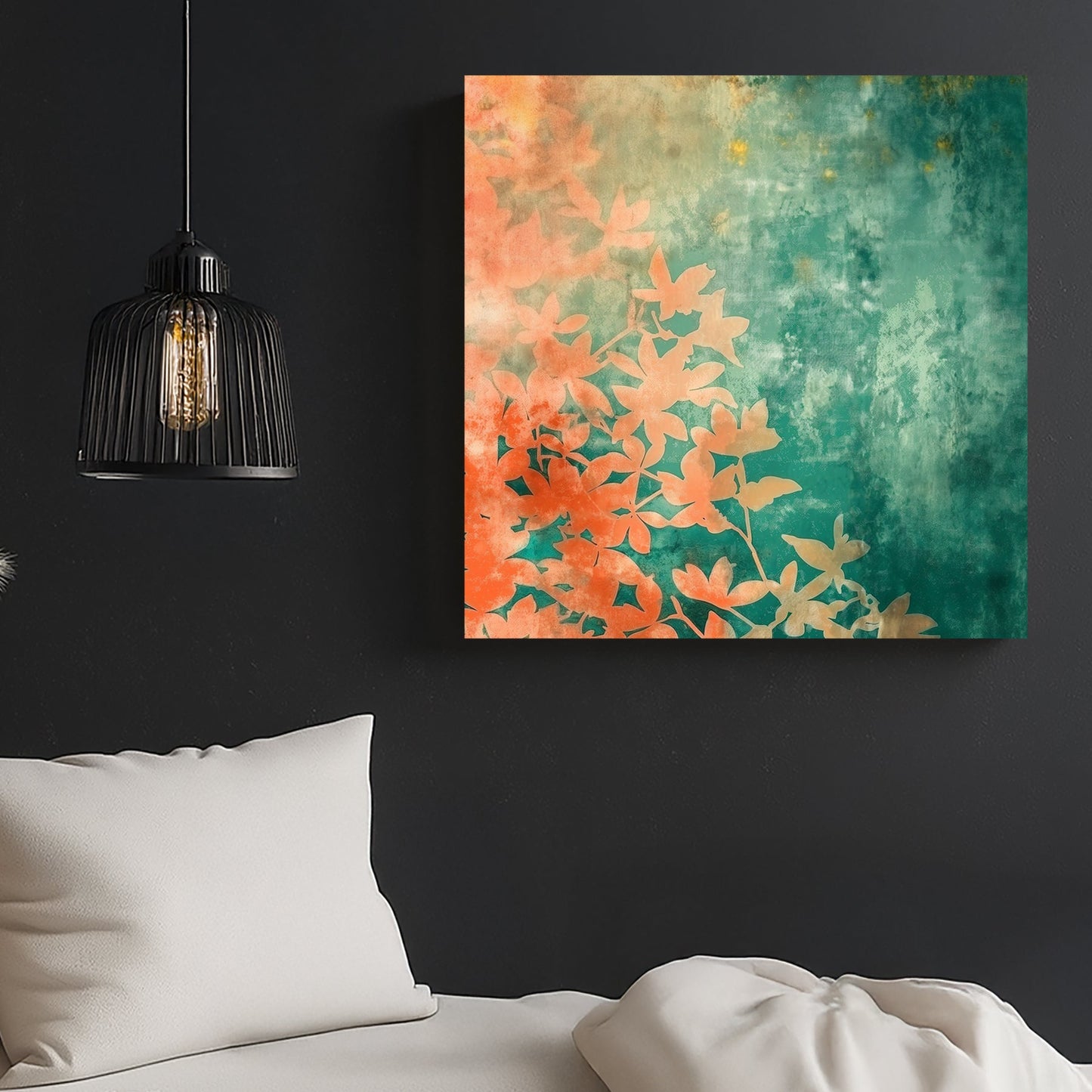 botanical abstract art with coral leaves on a textured teal and golden background