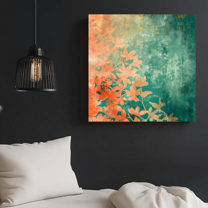 botanical abstract art with coral leaves on a textured teal and golden background