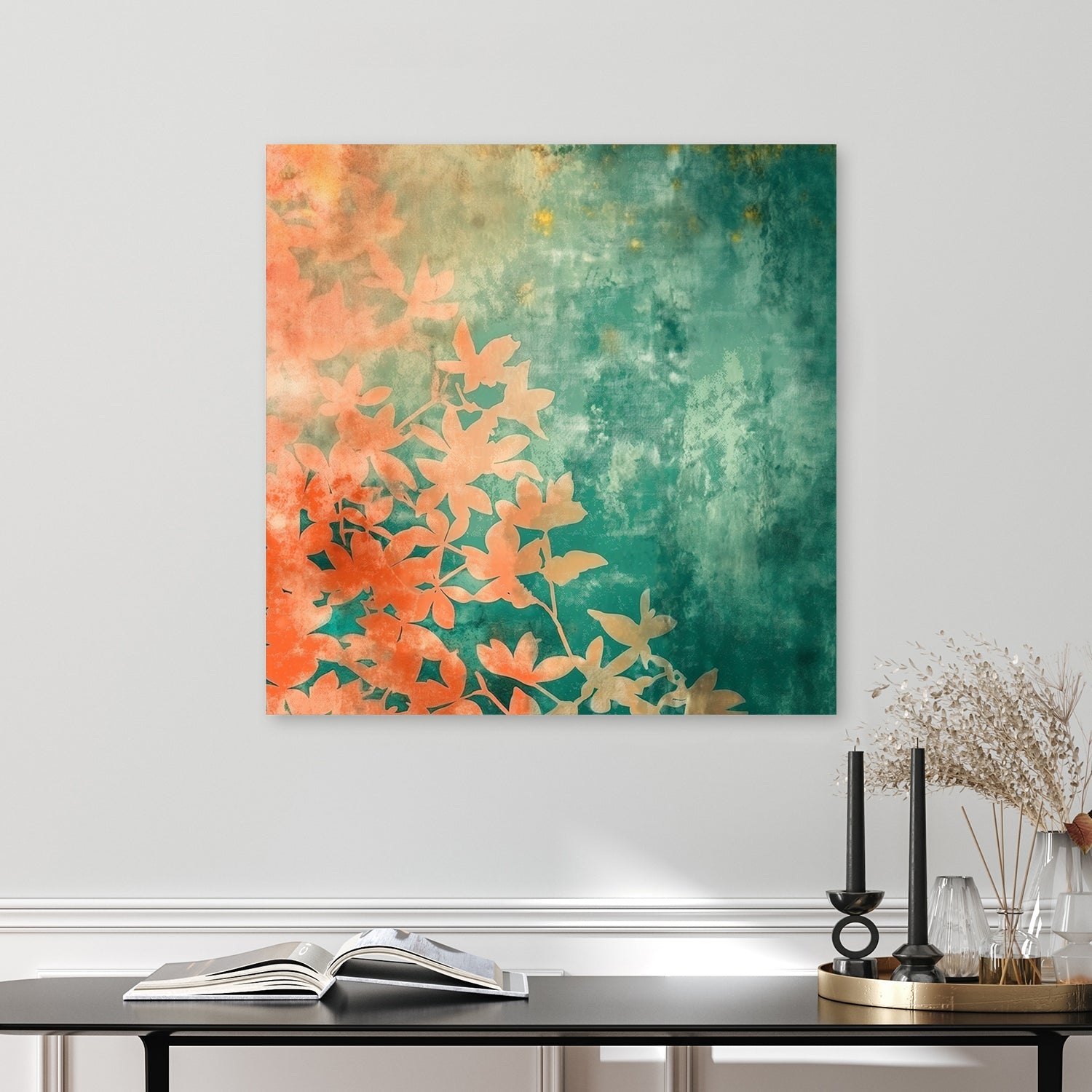 botanical abstract art with coral leaves on a textured teal and golden background