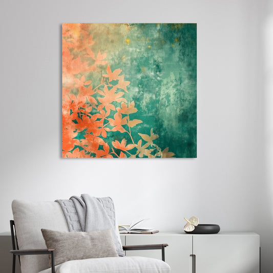 botanical abstract art with coral leaves on a textured teal and golden background