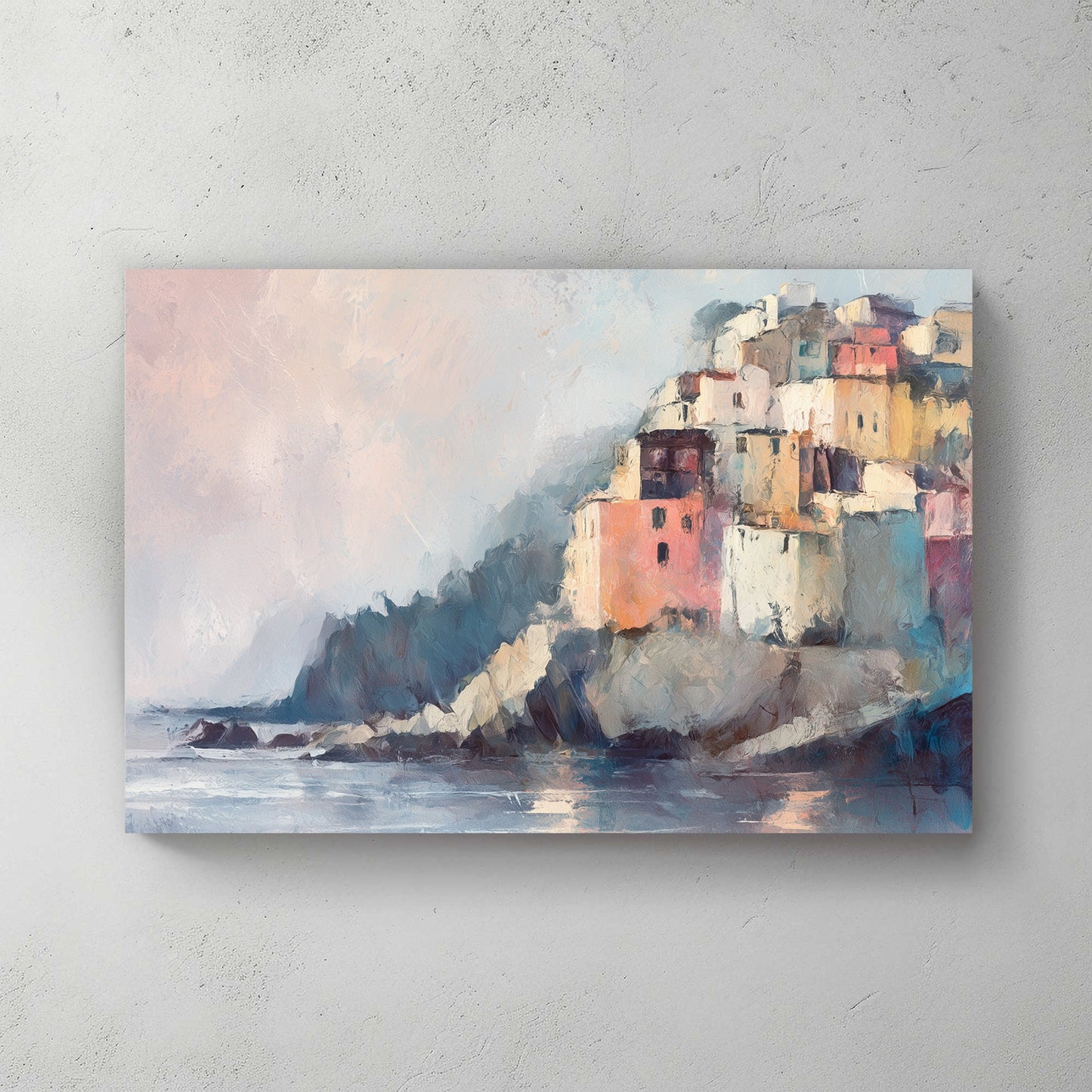 impressionist coastal painting with pastel buildings on cliffs by the sea