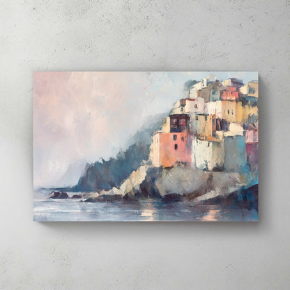 impressionist coastal painting with pastel buildings on cliffs by the sea