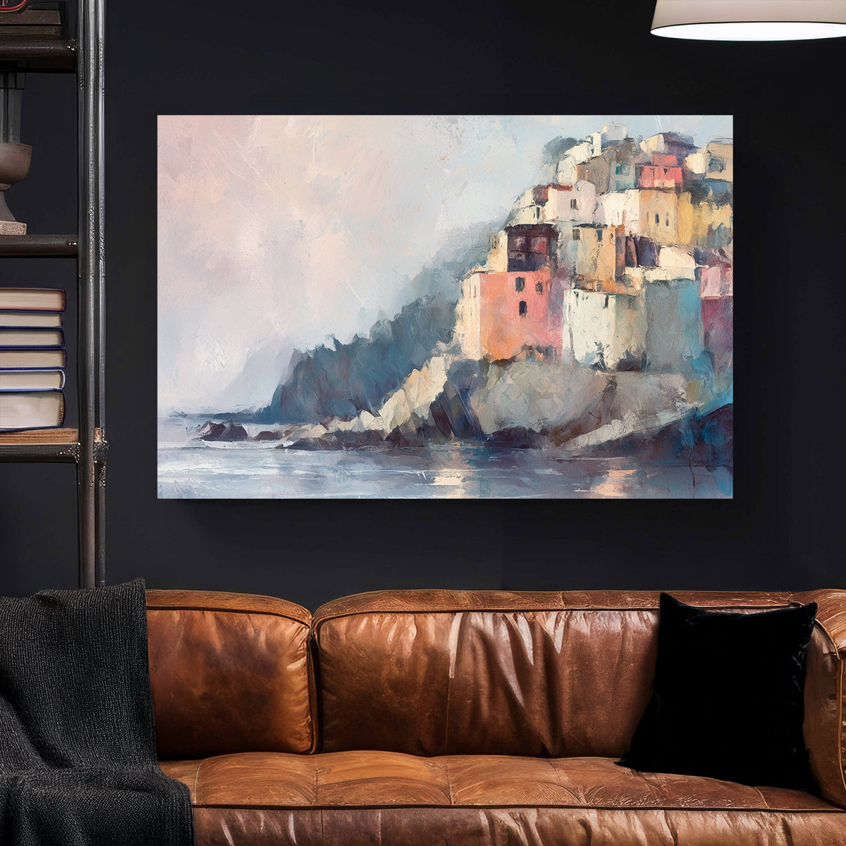 impressionist coastal painting with pastel buildings on cliffs by the sea