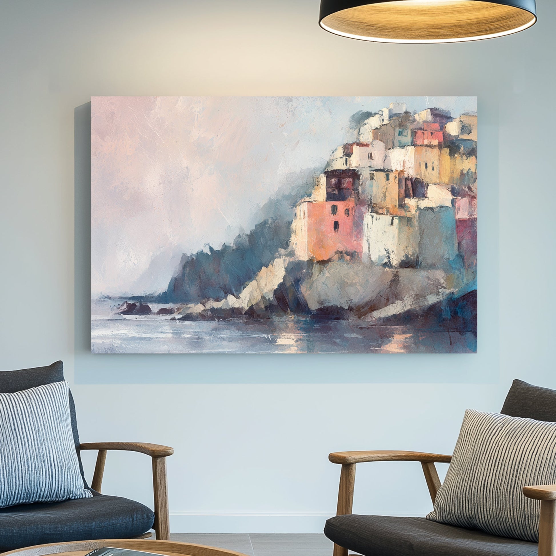 impressionist coastal painting with pastel buildings on cliffs by the sea