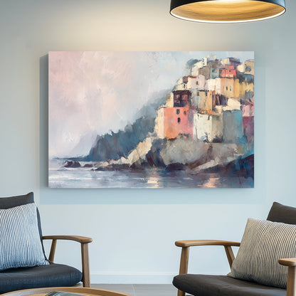 impressionist coastal painting with pastel buildings on cliffs by the sea