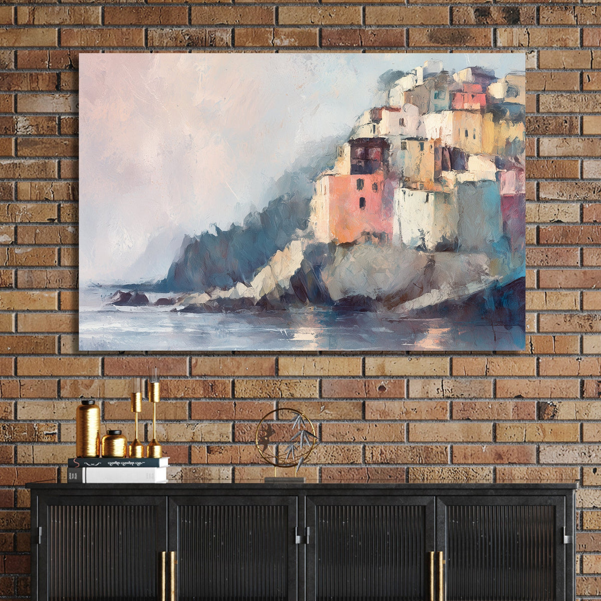 impressionist coastal painting with pastel buildings on cliffs by the sea