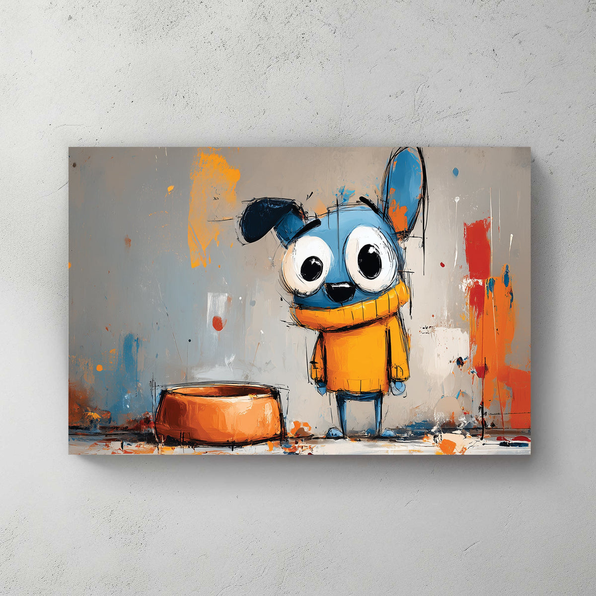 cartoon blue dog with big eyes in yellow sweater beside orange bowl on abstract graffiti background