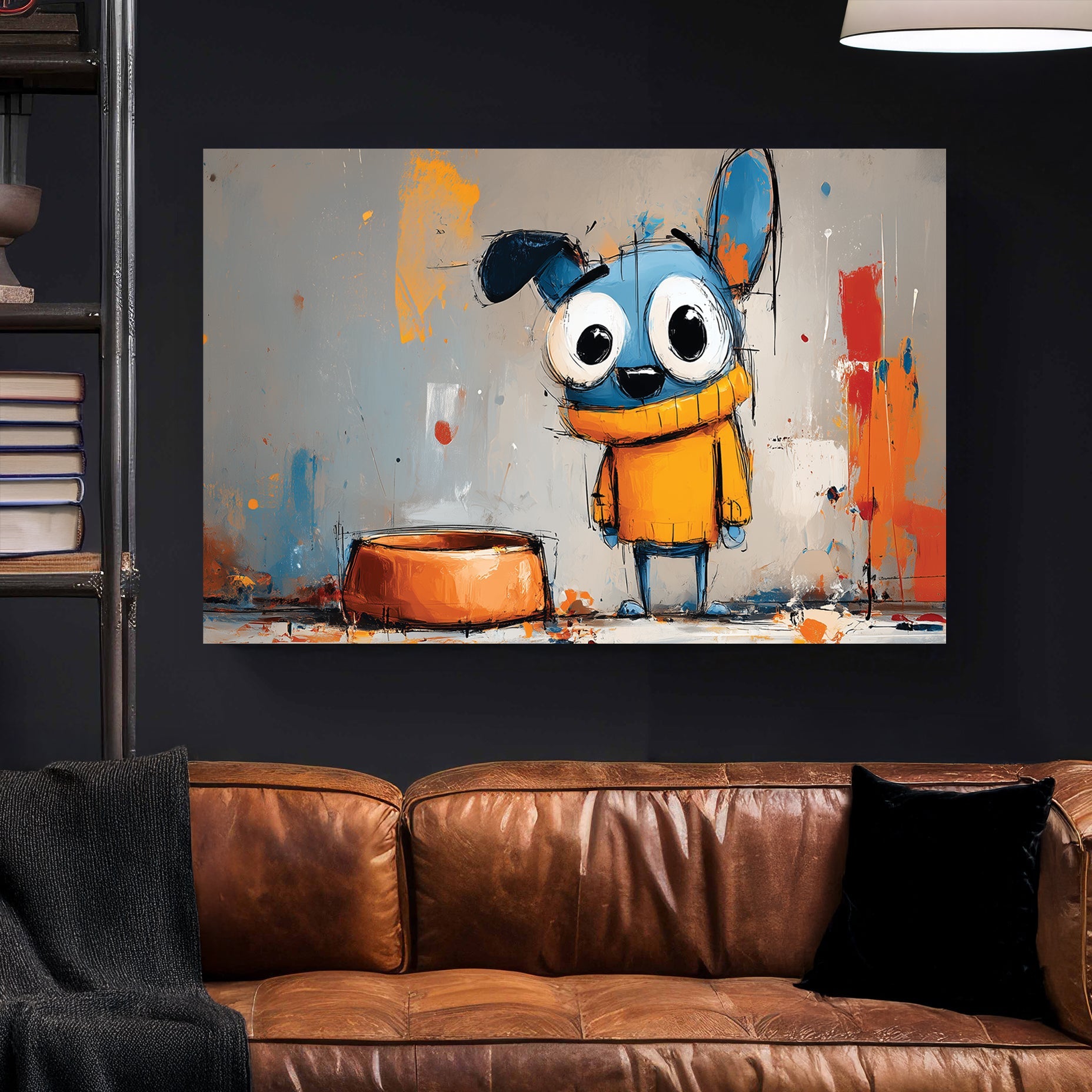 cartoon blue dog with big eyes in yellow sweater beside orange bowl on abstract graffiti background