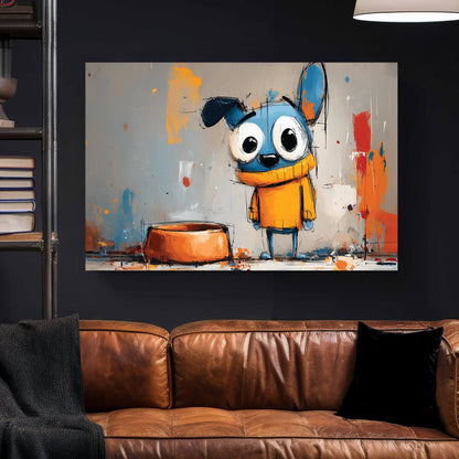 cartoon blue dog with big eyes in yellow sweater beside orange bowl on abstract graffiti background