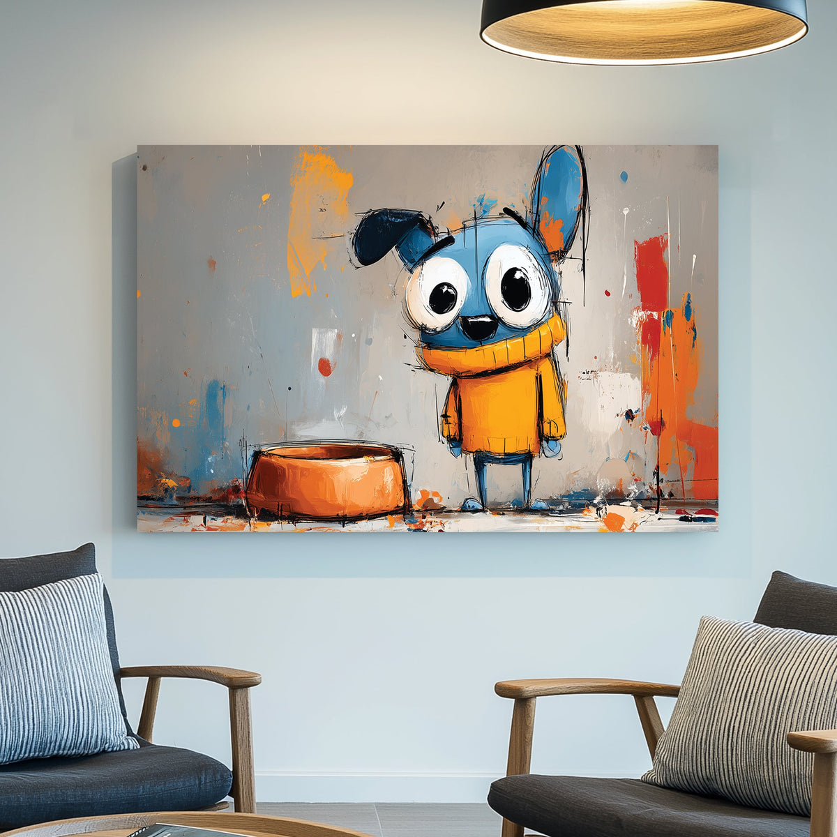 cartoon blue dog with big eyes in yellow sweater beside orange bowl on abstract graffiti background