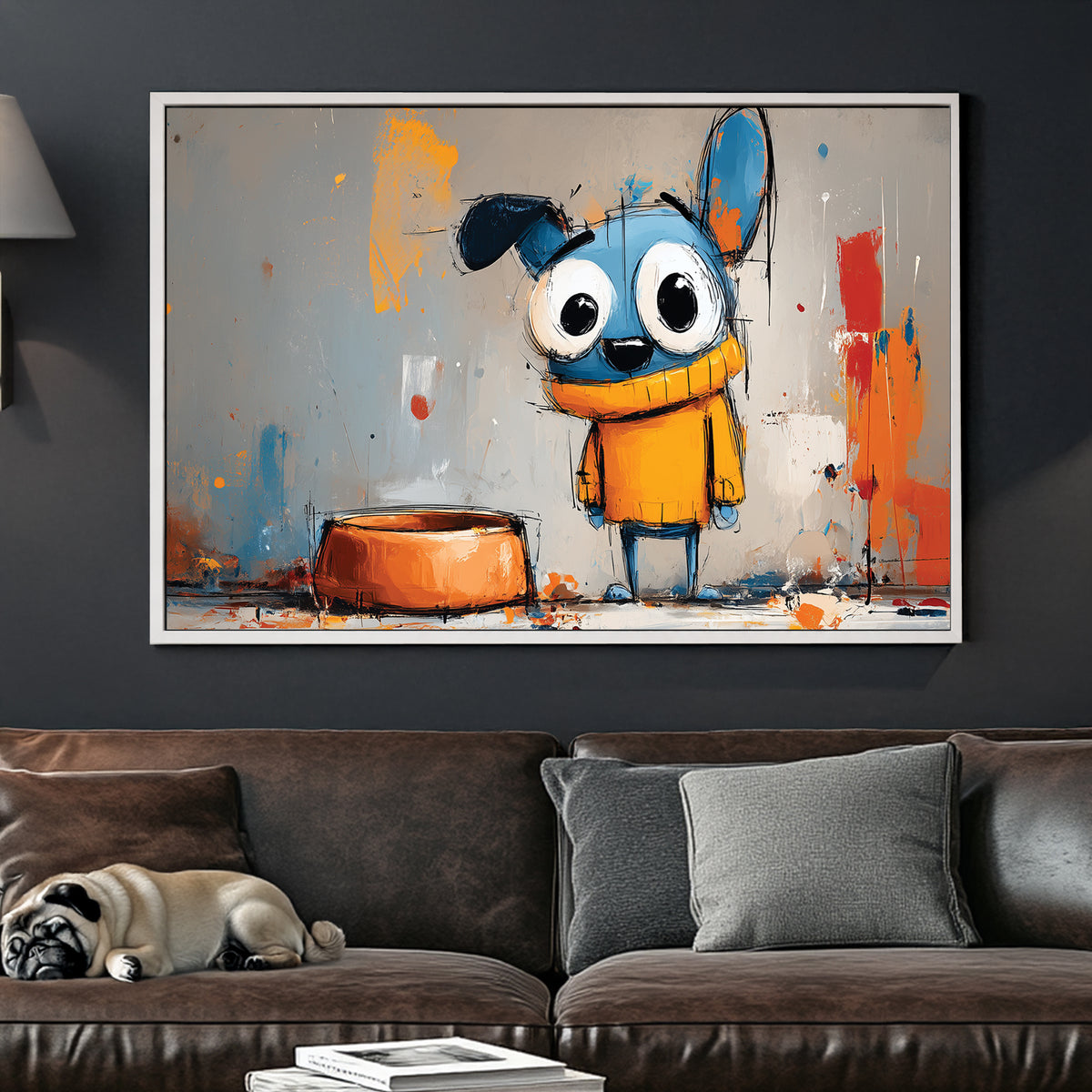 cartoon blue dog with big eyes in yellow sweater beside orange bowl on abstract graffiti background