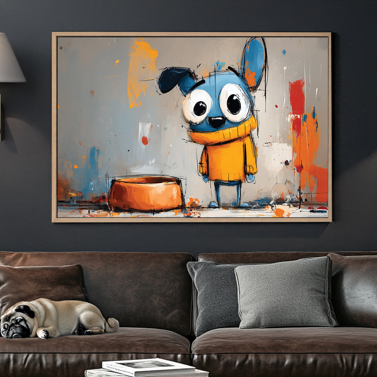 cartoon blue dog with big eyes in yellow sweater beside orange bowl on abstract graffiti background