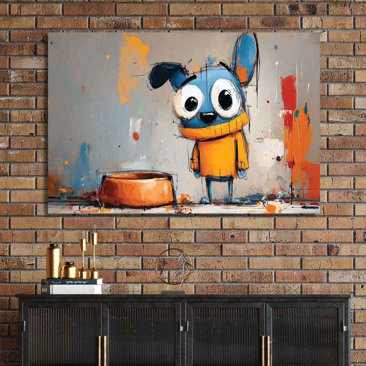cartoon blue dog with big eyes in yellow sweater beside orange bowl on abstract graffiti background