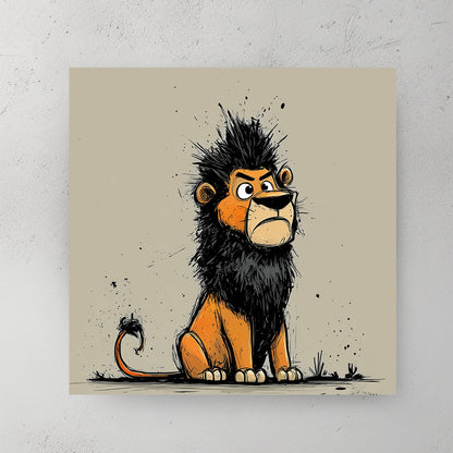 cartoon lion with black mane and grumpy face in graffiti style on beige background