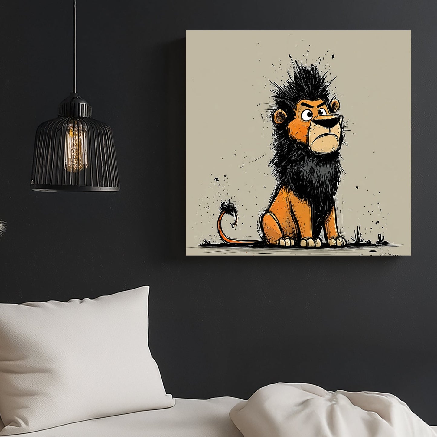 cartoon lion with black mane and grumpy face in graffiti style on beige background
