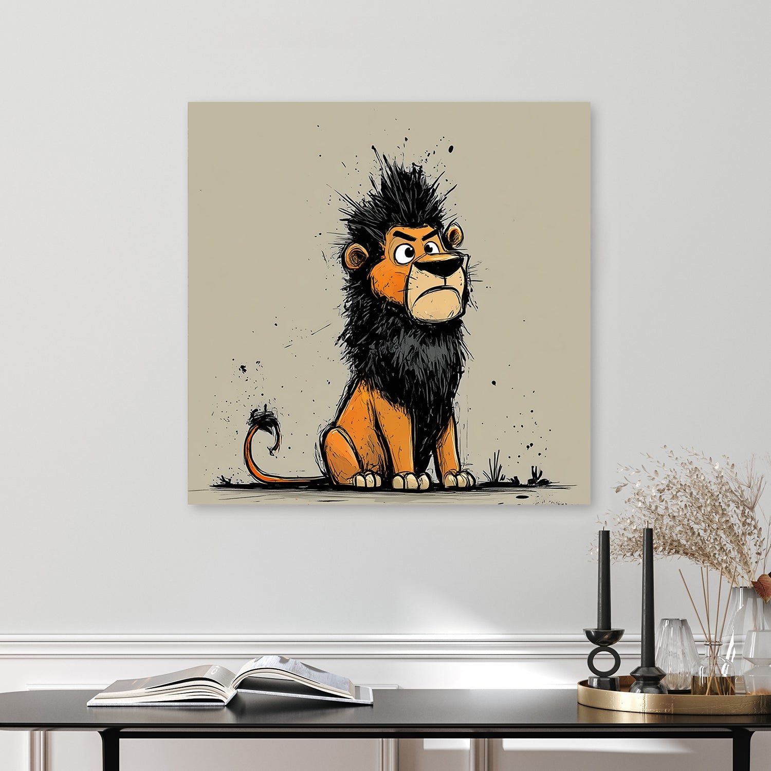 cartoon lion with black mane and grumpy face in graffiti style on beige background