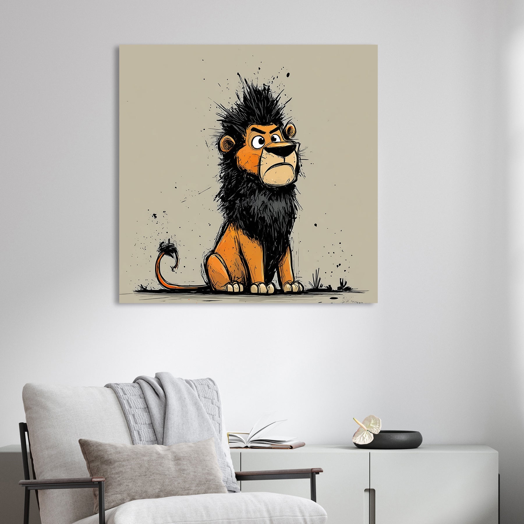 cartoon lion with black mane and grumpy face in graffiti style on beige background