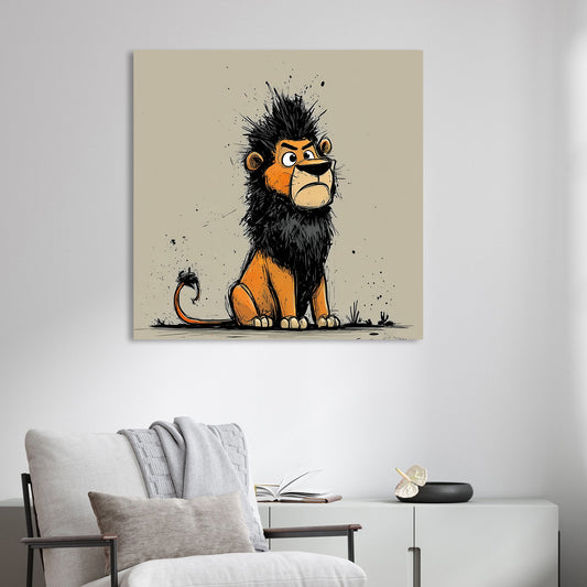 cartoon lion with black mane and grumpy face in graffiti style on beige background