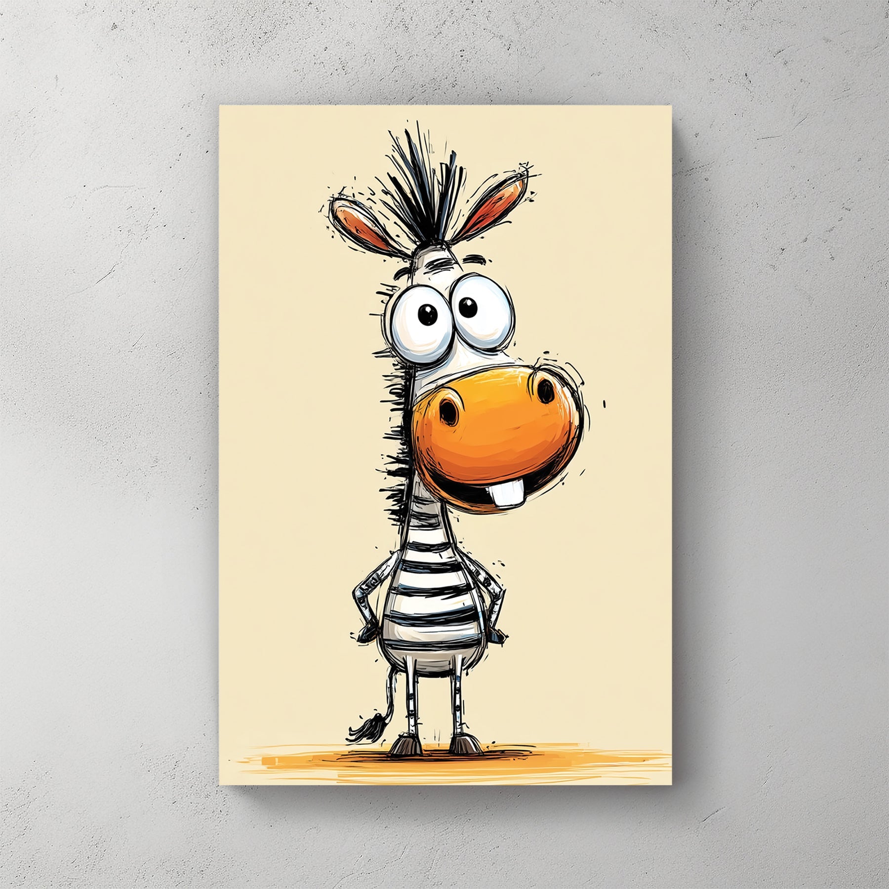 funny cartoon zebra with big eyes and orange snout on beige background