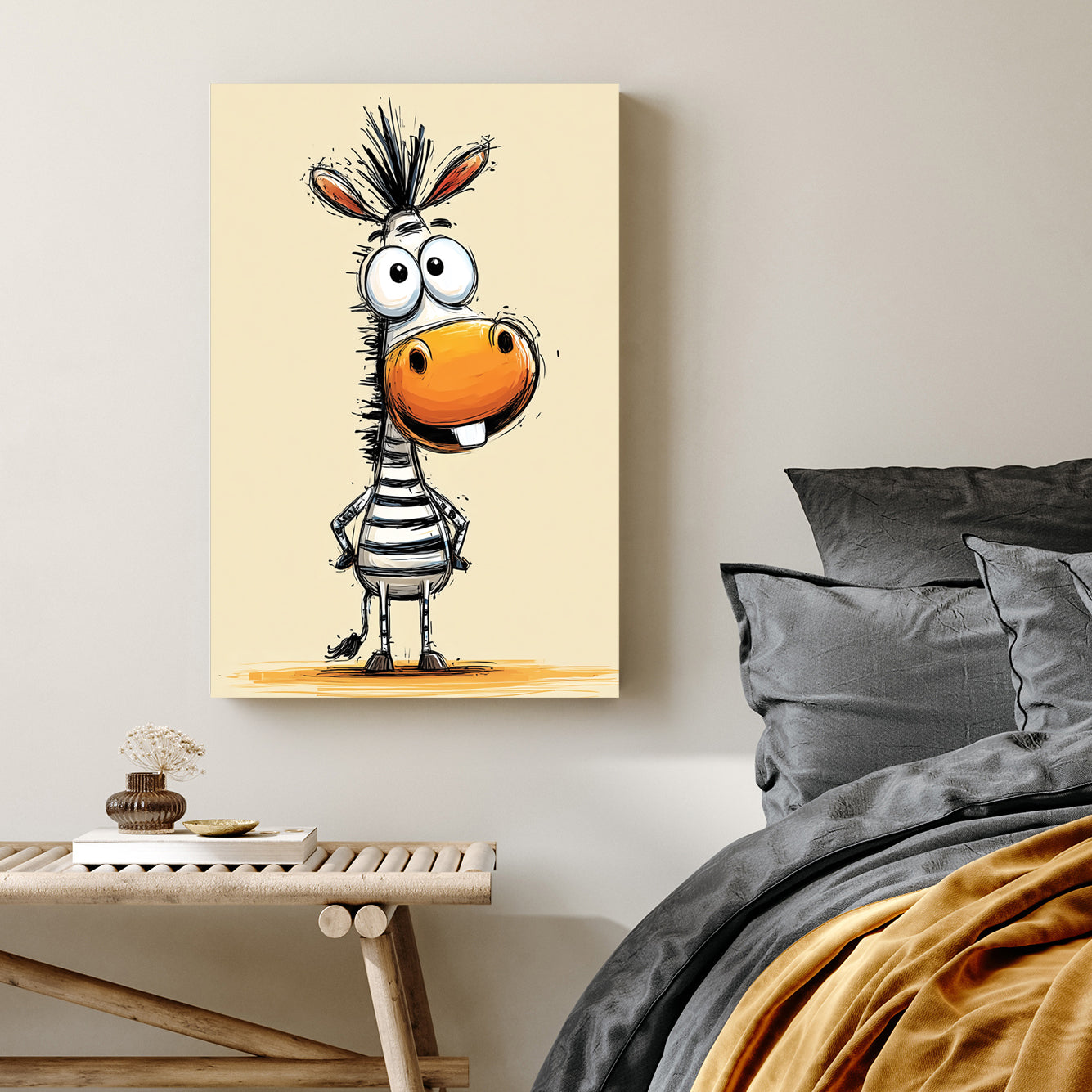 funny cartoon zebra with big eyes and orange snout on beige background