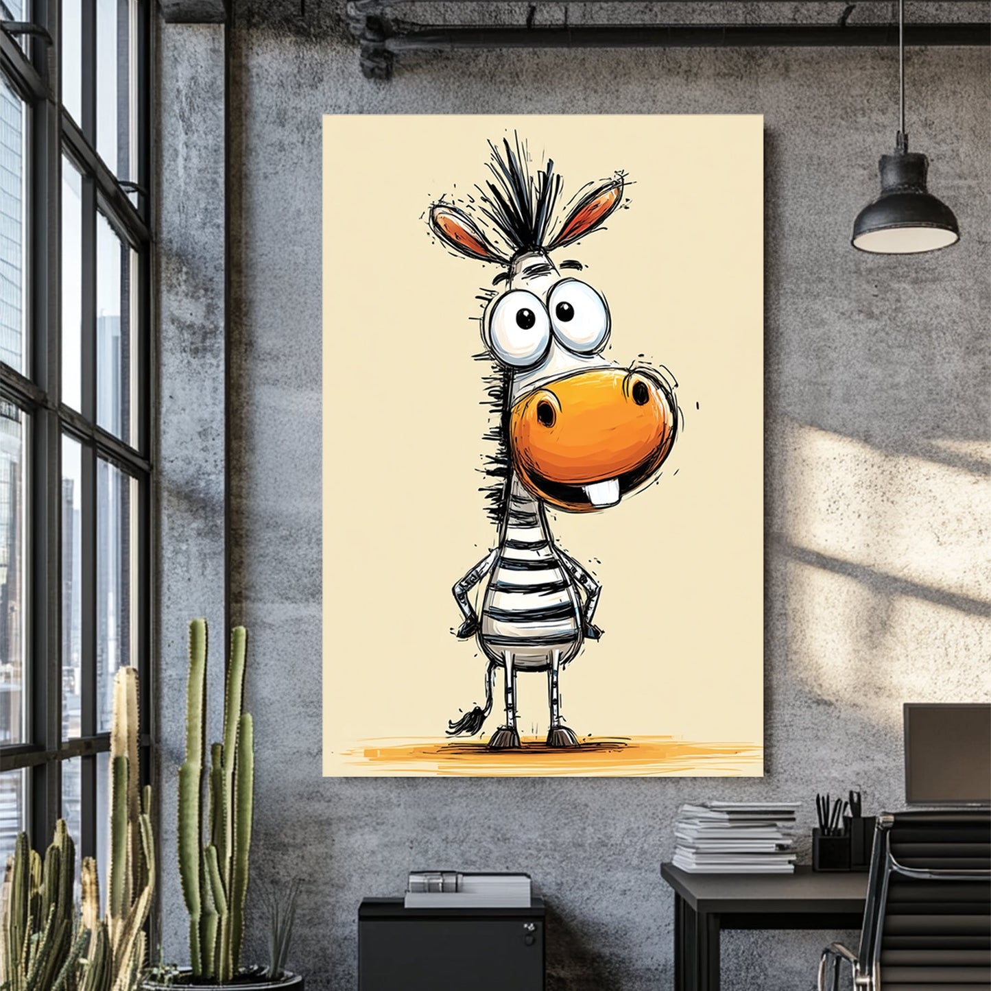 funny cartoon zebra with big eyes and orange snout on beige background