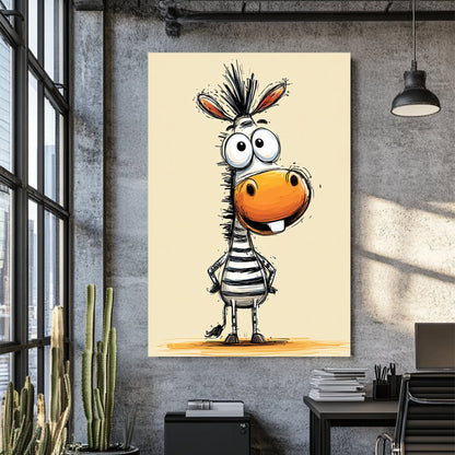 funny cartoon zebra with big eyes and orange snout on beige background