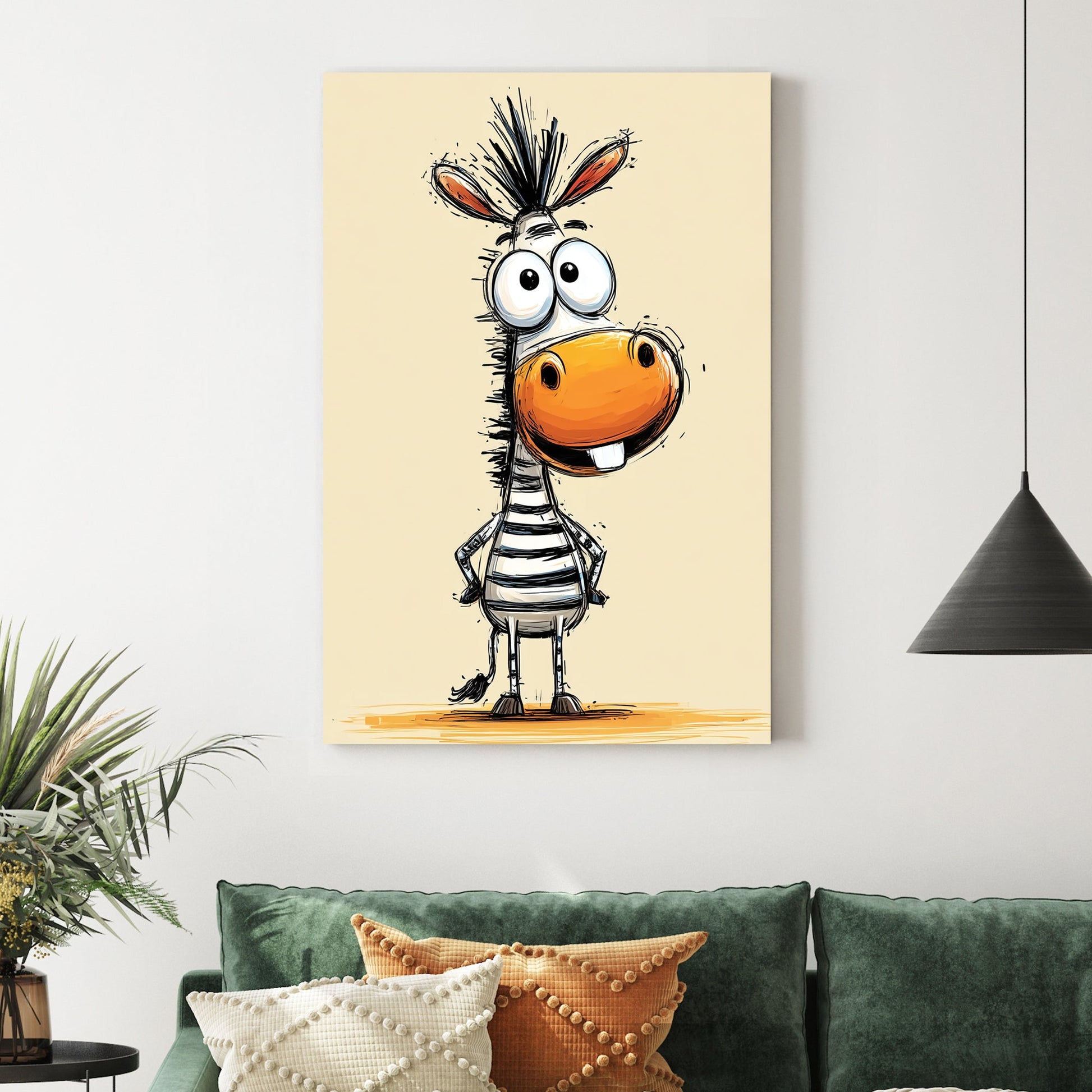 funny cartoon zebra with big eyes and orange snout on beige background