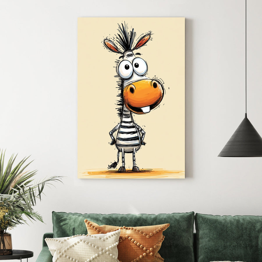 funny cartoon zebra with big eyes and orange snout on beige background