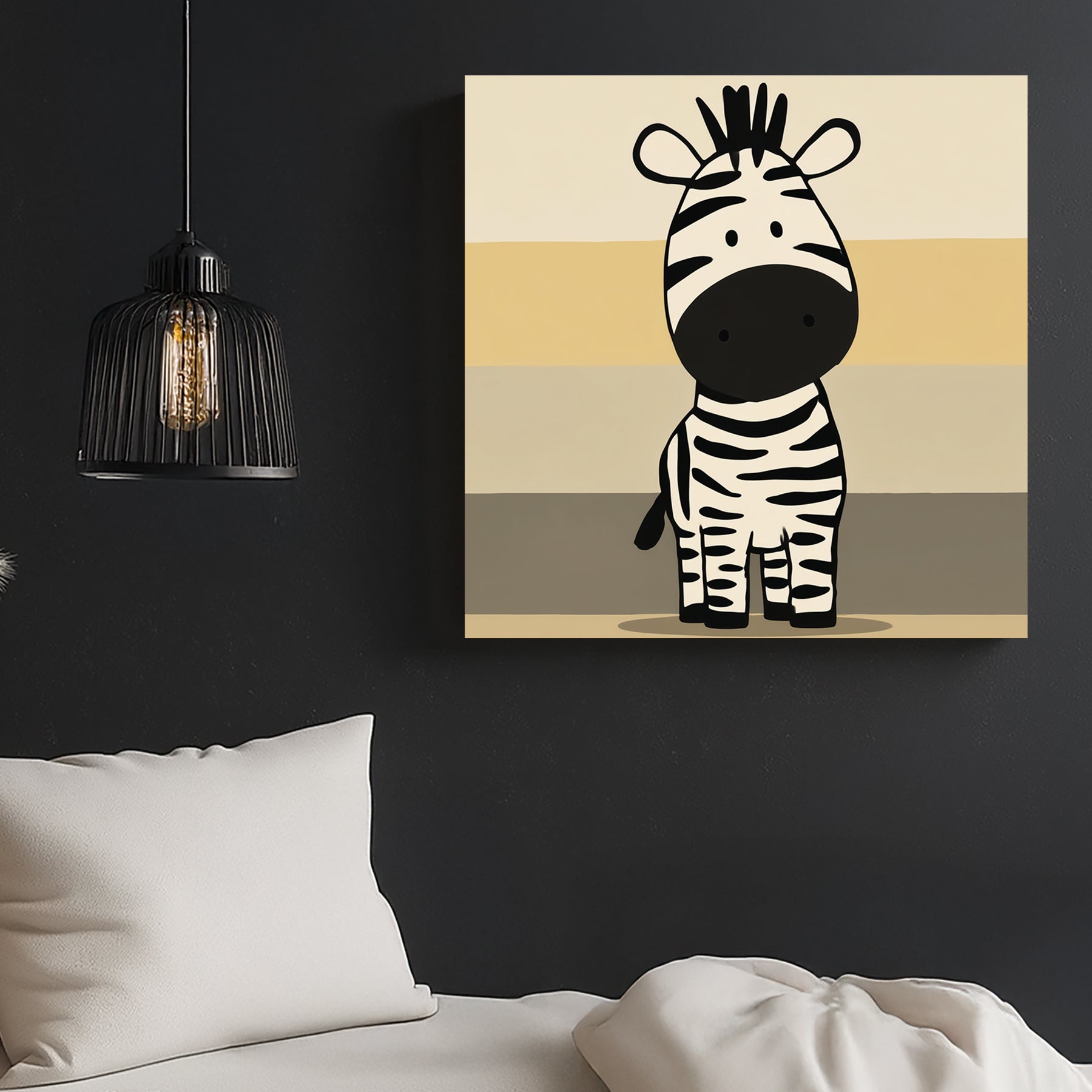 minimalist cartoon zebra on neutral striped background
