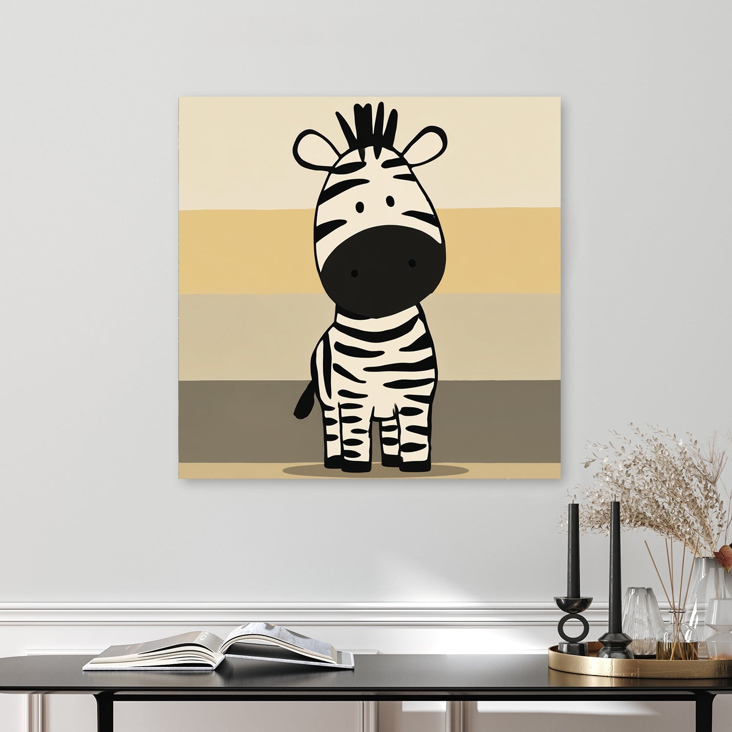 minimalist cartoon zebra on neutral striped background