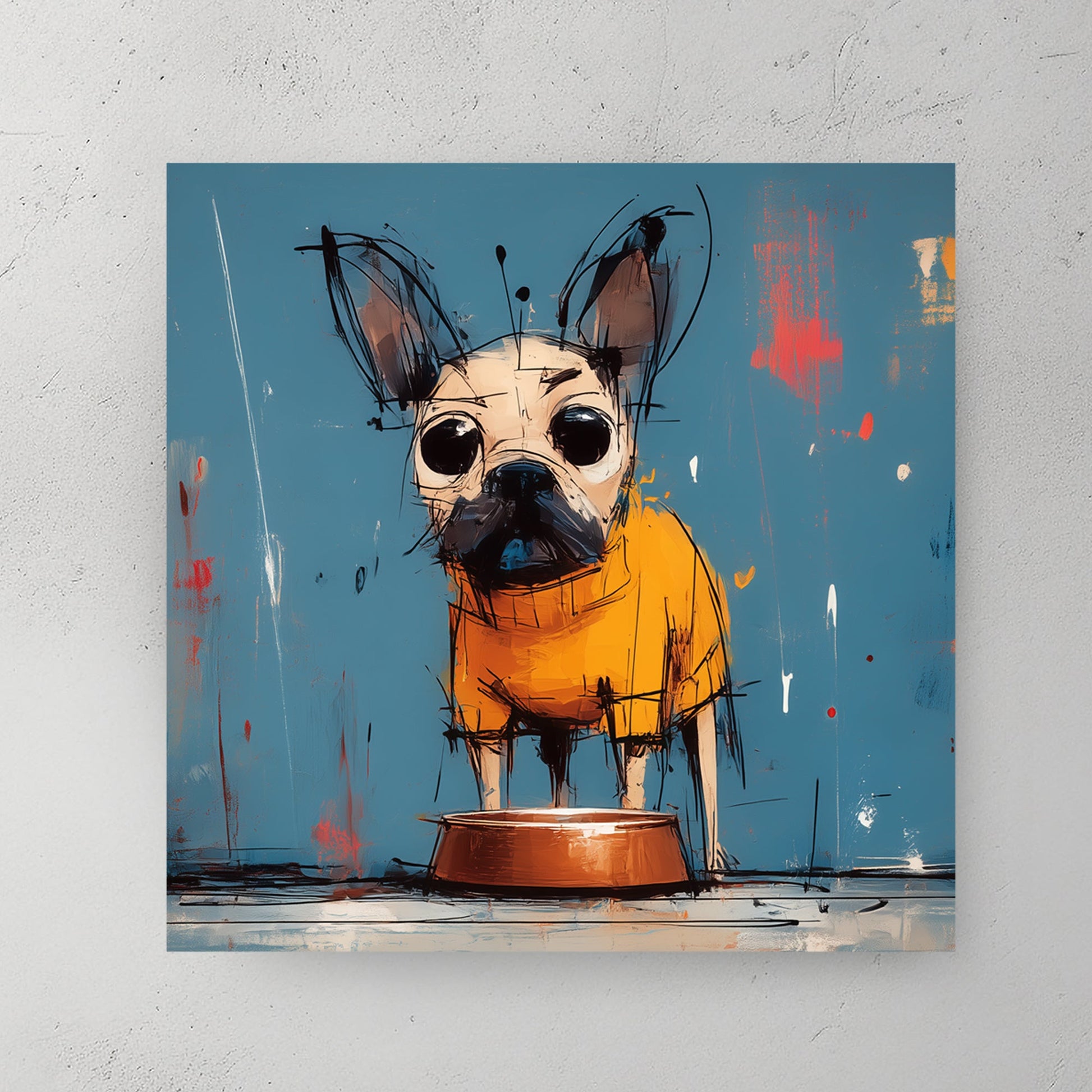 grumpy cartoon dog in orange hoodie beside empty food bowl on blue wall