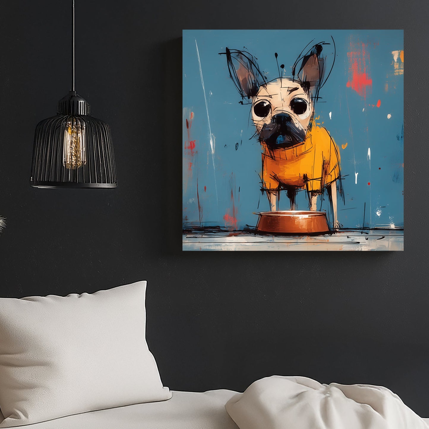 grumpy cartoon dog in orange hoodie beside empty food bowl on blue wall