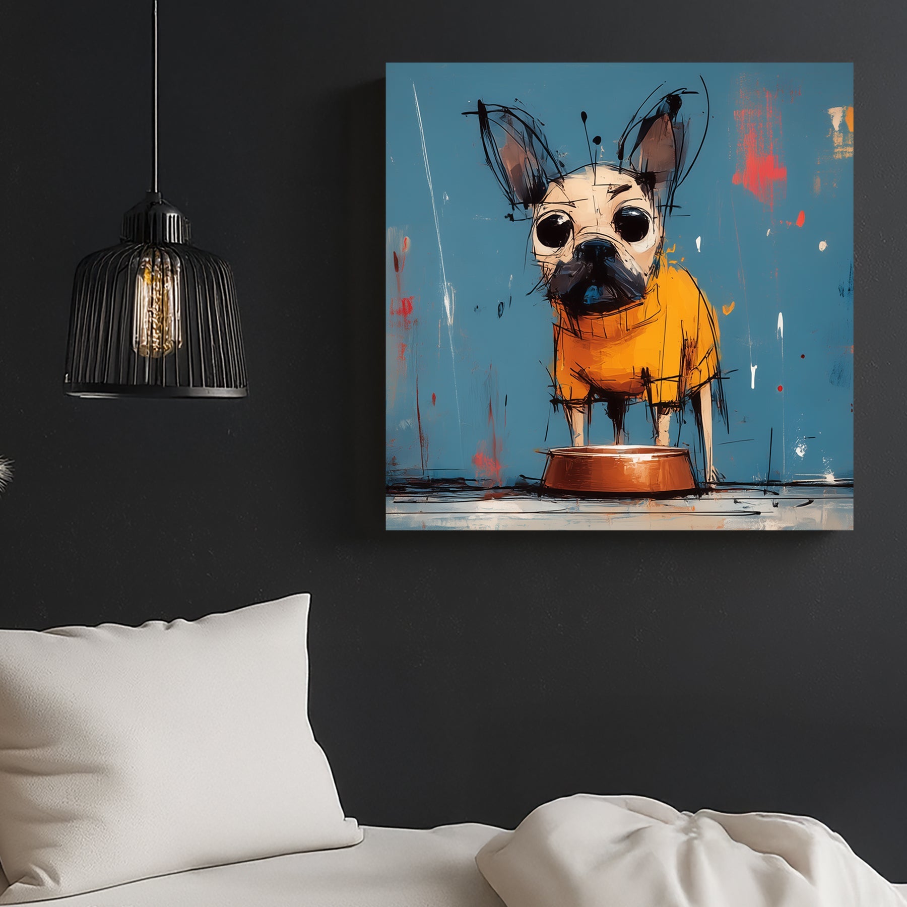 grumpy cartoon dog in orange hoodie beside empty food bowl on blue wall